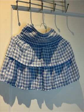 Autres Filles Blue & White Gingham Smocked Tiered Ruffle Mini Skirt